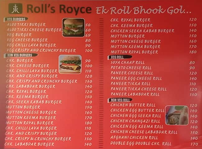 Roll's Royce menu