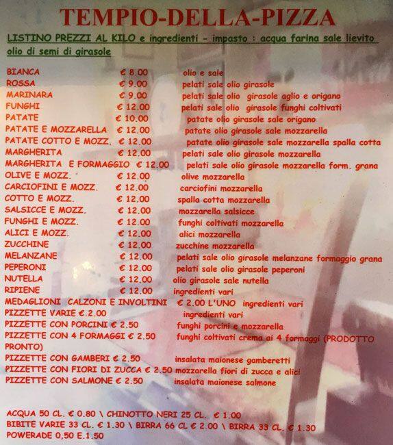 Menu di Tempio della Pizza 