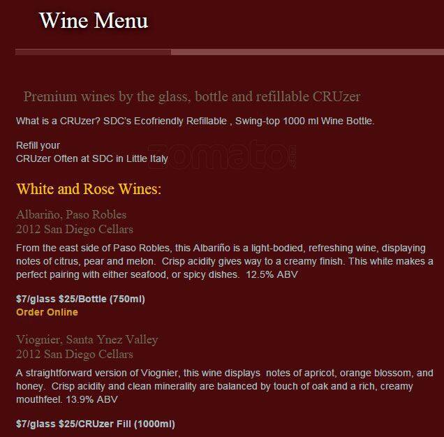 San Diego Cellars Menu, Menu for San Diego Cellars, Little Italy, San