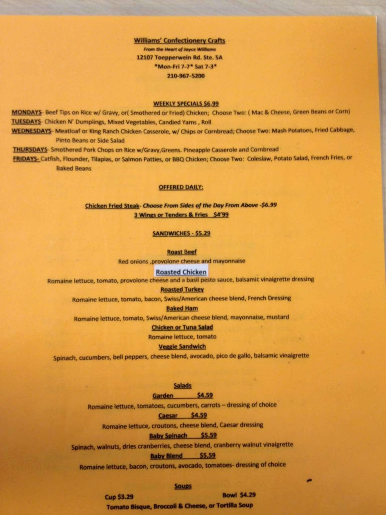 Menu at Williams Confectionery Crafts desserts, Live Oak