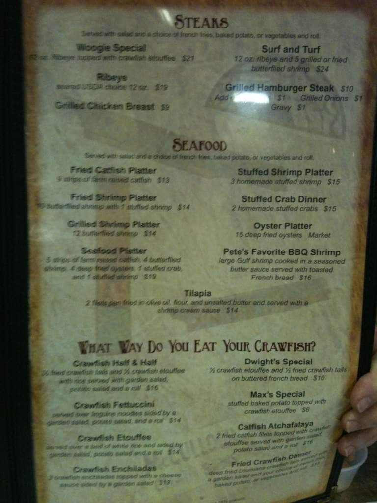Menu at Dwight's restaurant, Lafayette
