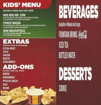 Menu at Moe's Southwest Grill restaurant, Skokie, W Touhy Ave