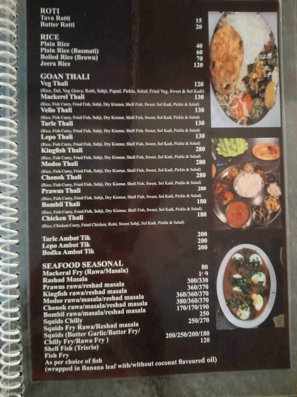 Menu of Jiya's Roo Chik Restaurant, Benaulim, Goa