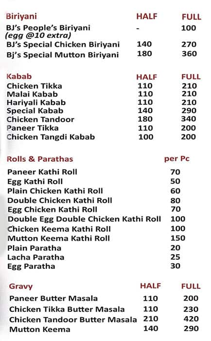 Bj's Tandoor Delight menu