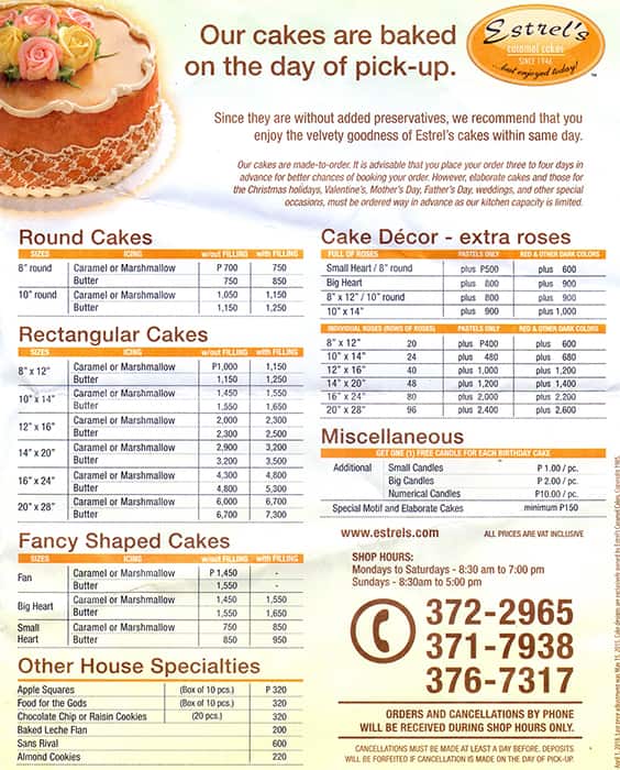 Estrel's Caramel Cakes Menu, Menu for Estrel's Caramel Cakes, Tomas