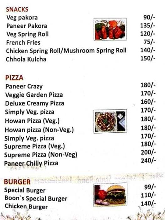 Boons Restaurant menu