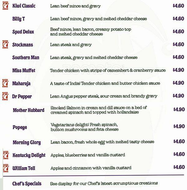 Jesters Pies Menu, Menu for Jesters Pies, Mangakakahi, Rotorua