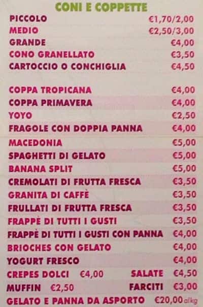 Menu di Gelateria Tropicana 