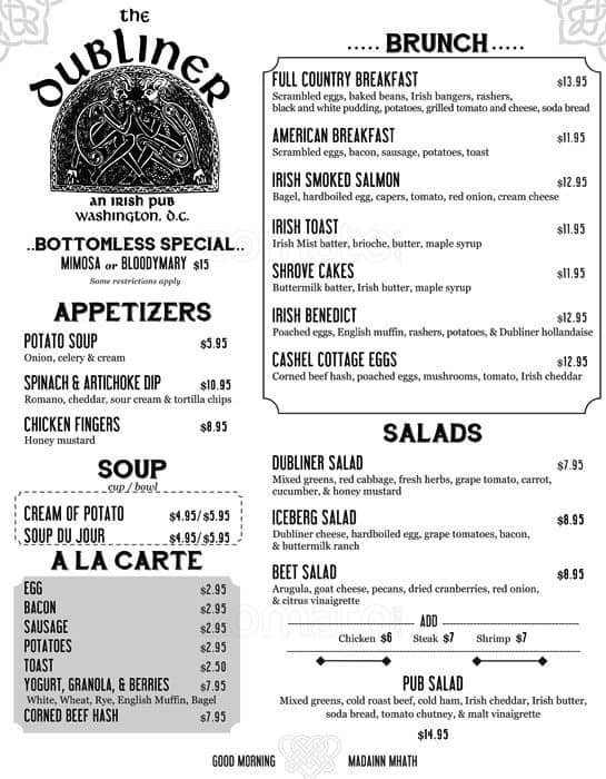 The Dubliner menu, Menu restauracji The Dubliner, Capitol Hill
