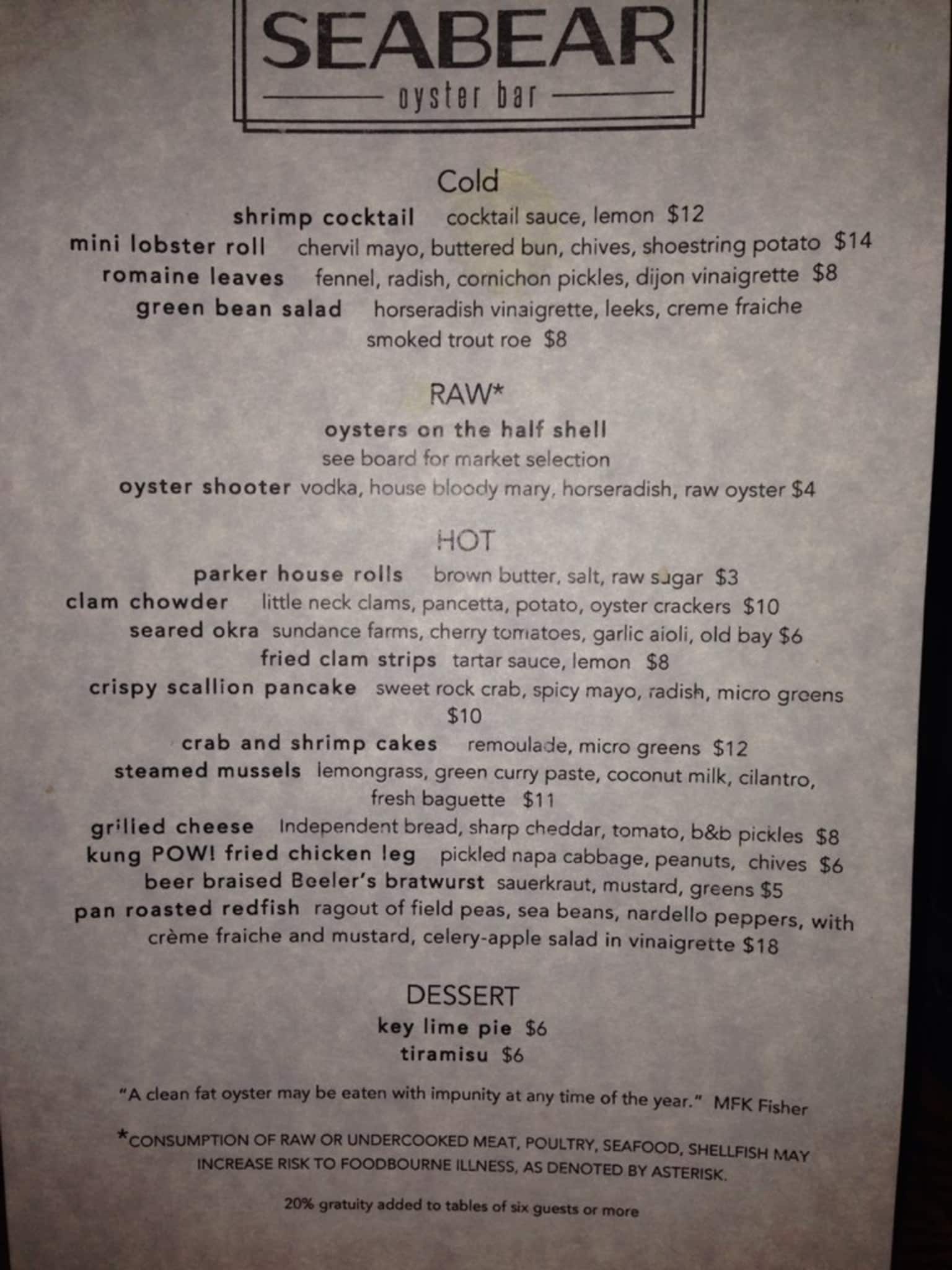 Seabear Oyster Bar Menu, Menu for Seabear Oyster Bar, Athens, Athens