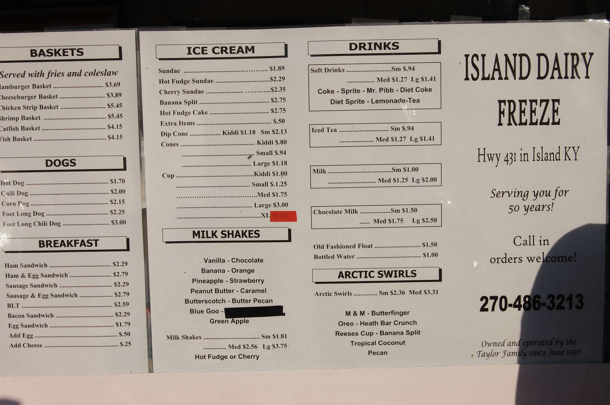 Menu at Dairy Freeze restaurant, Island