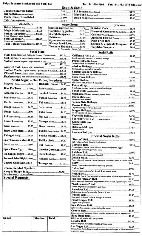 Tokyo Japanese Steakhouse Sushi Bar Menu