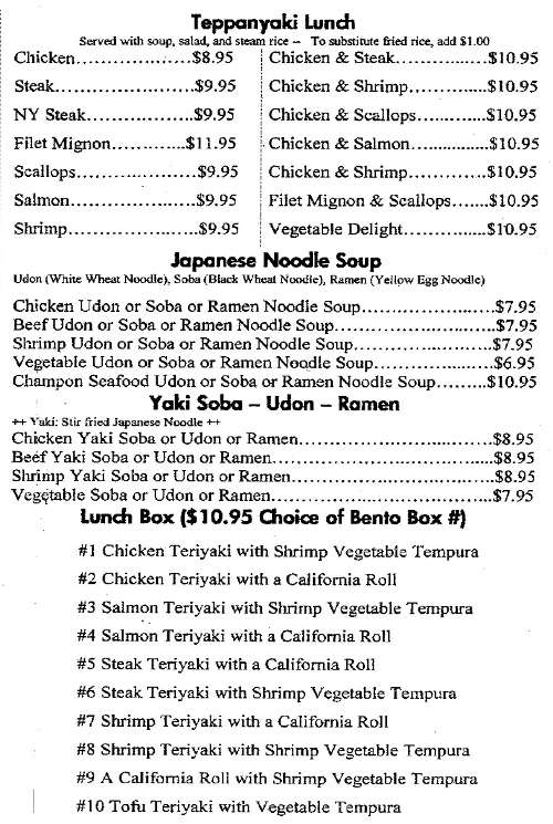 Tokyo Japanese Steakhouse Sushi Bar Menu