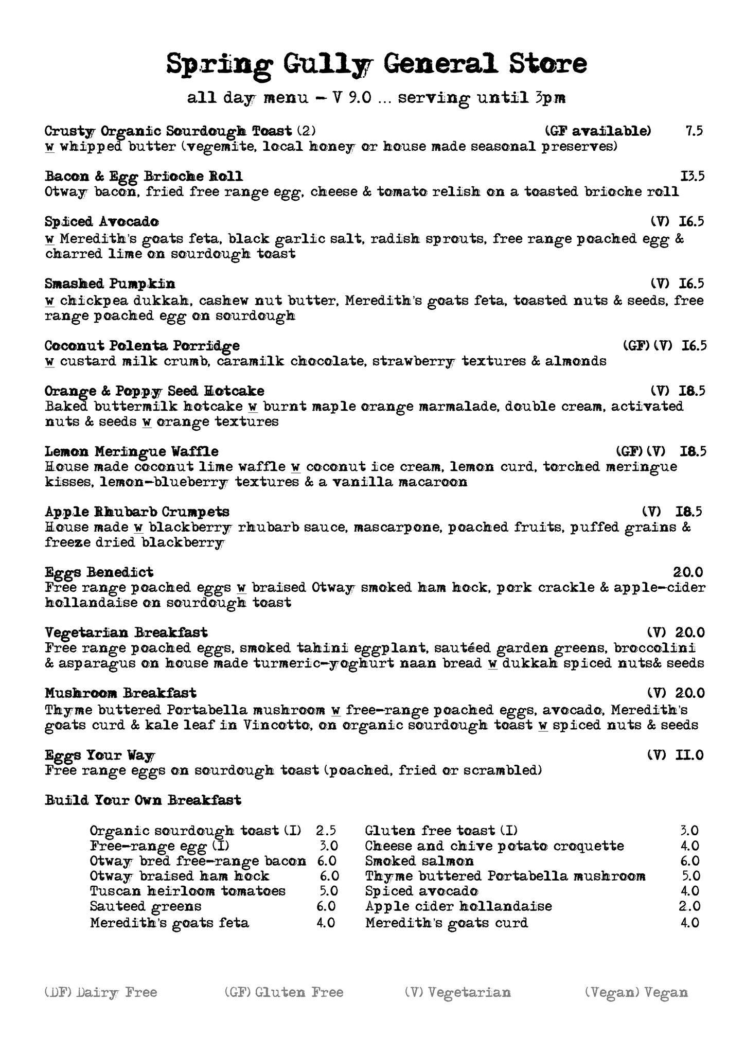 Spring Gully General Store Menu
