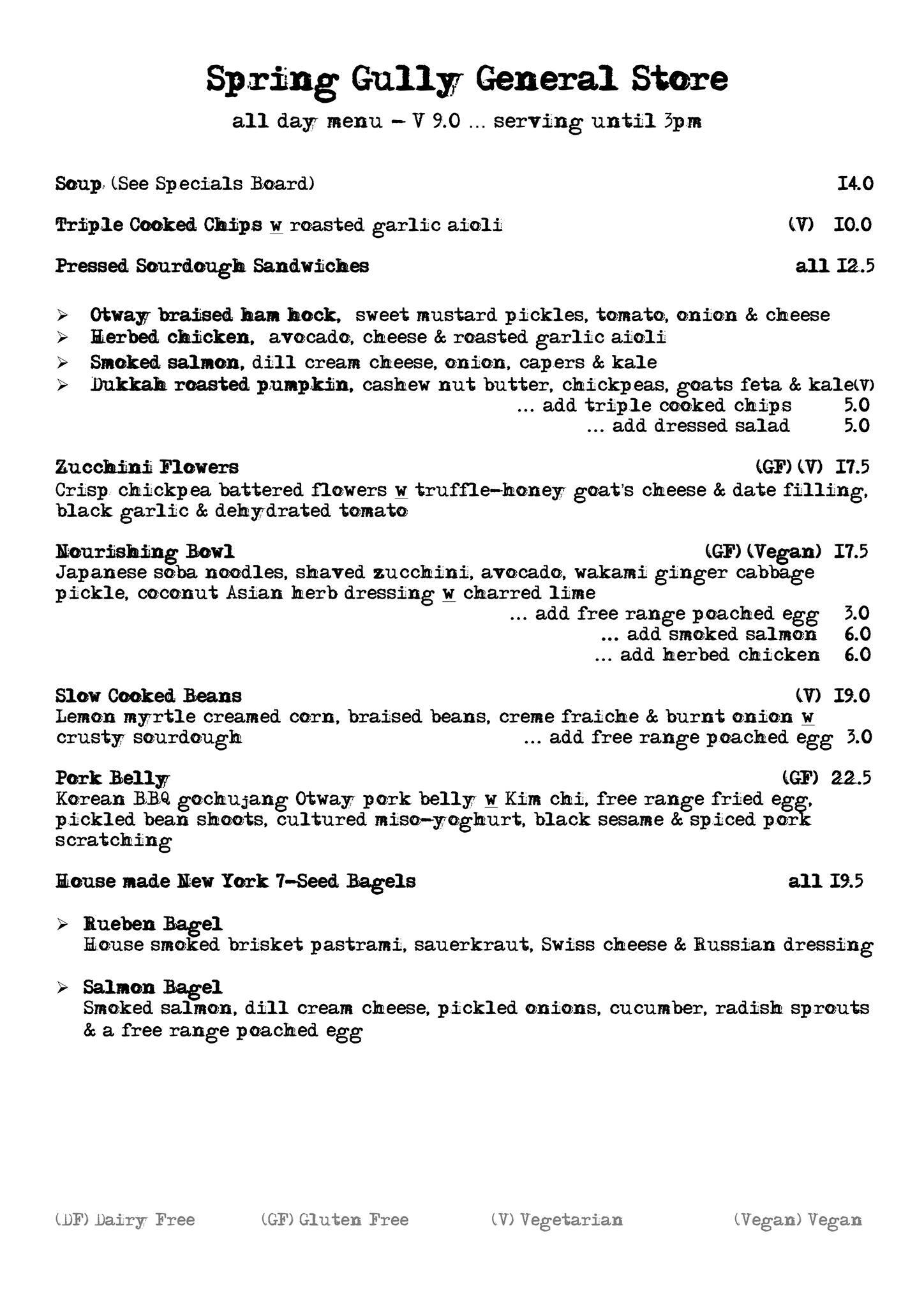 Spring Gully General Store Menu