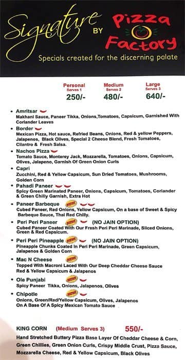 Menu at food factory, Mumbai, Charni Road