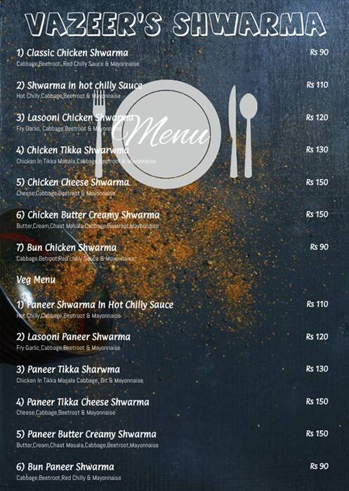 Vazeer's Shawarma menu