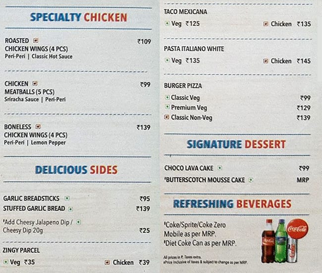 Domino's Pizza menu