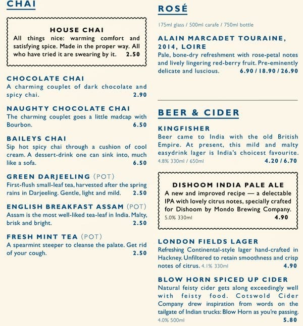 Menu at Dishoom restaurant, London, 12 Upper St Martin's Ln