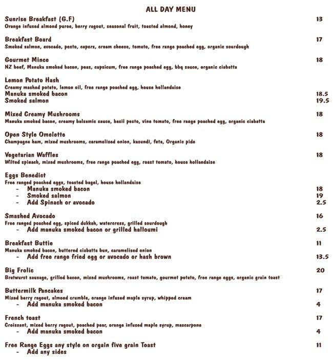 Frolic Cafe Menu, Menu for Frolic Cafe, Royal Oak, Auckland - Menumania ...