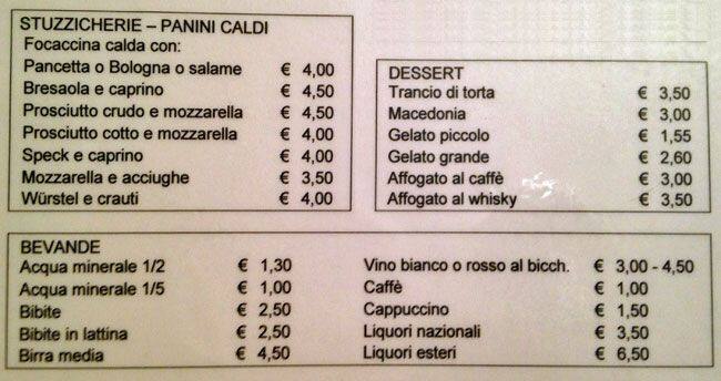 Menu di Caffè Moda 