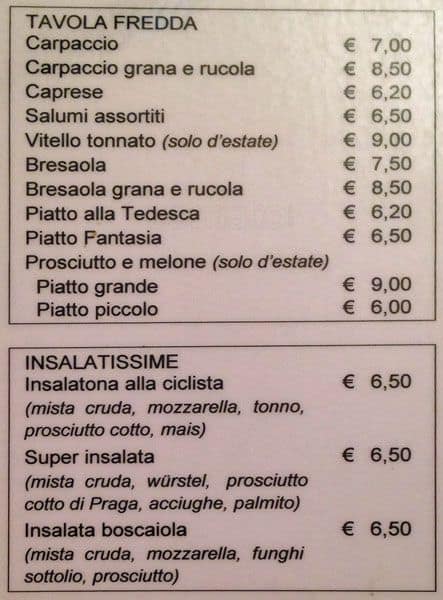 Menu di Caffè Moda 