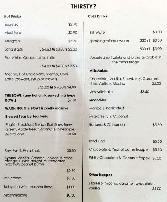 Espresso Stop Menu, Menu for Espresso Stop, Cannon Hill, Brisbane