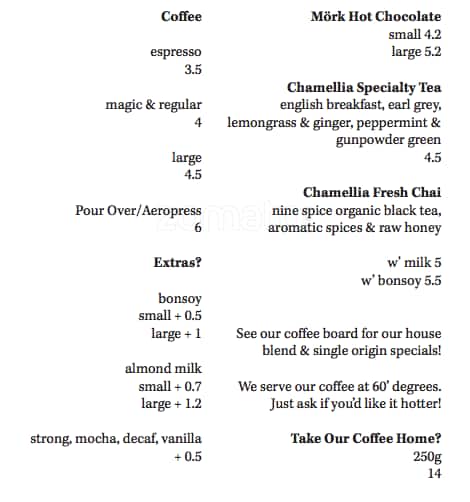 Carta de Flock Cafe.