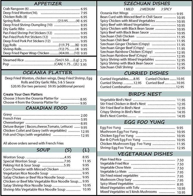 Oceania Inn Menu, Menu for Oceania Inn, College Park, Saskatoon Urbanspoon/Zomato