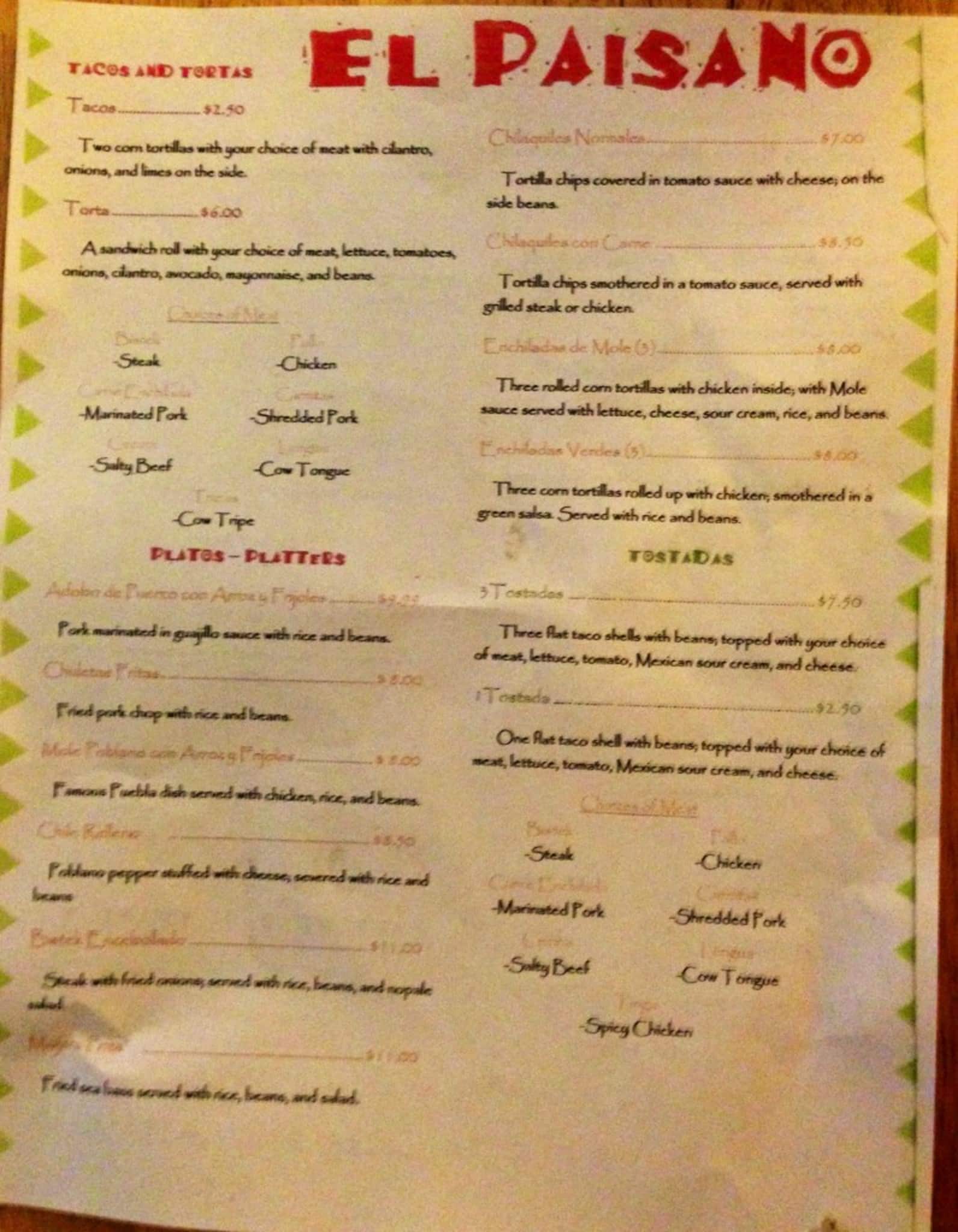 Menu at El Paisano restaurant, Bethlehem