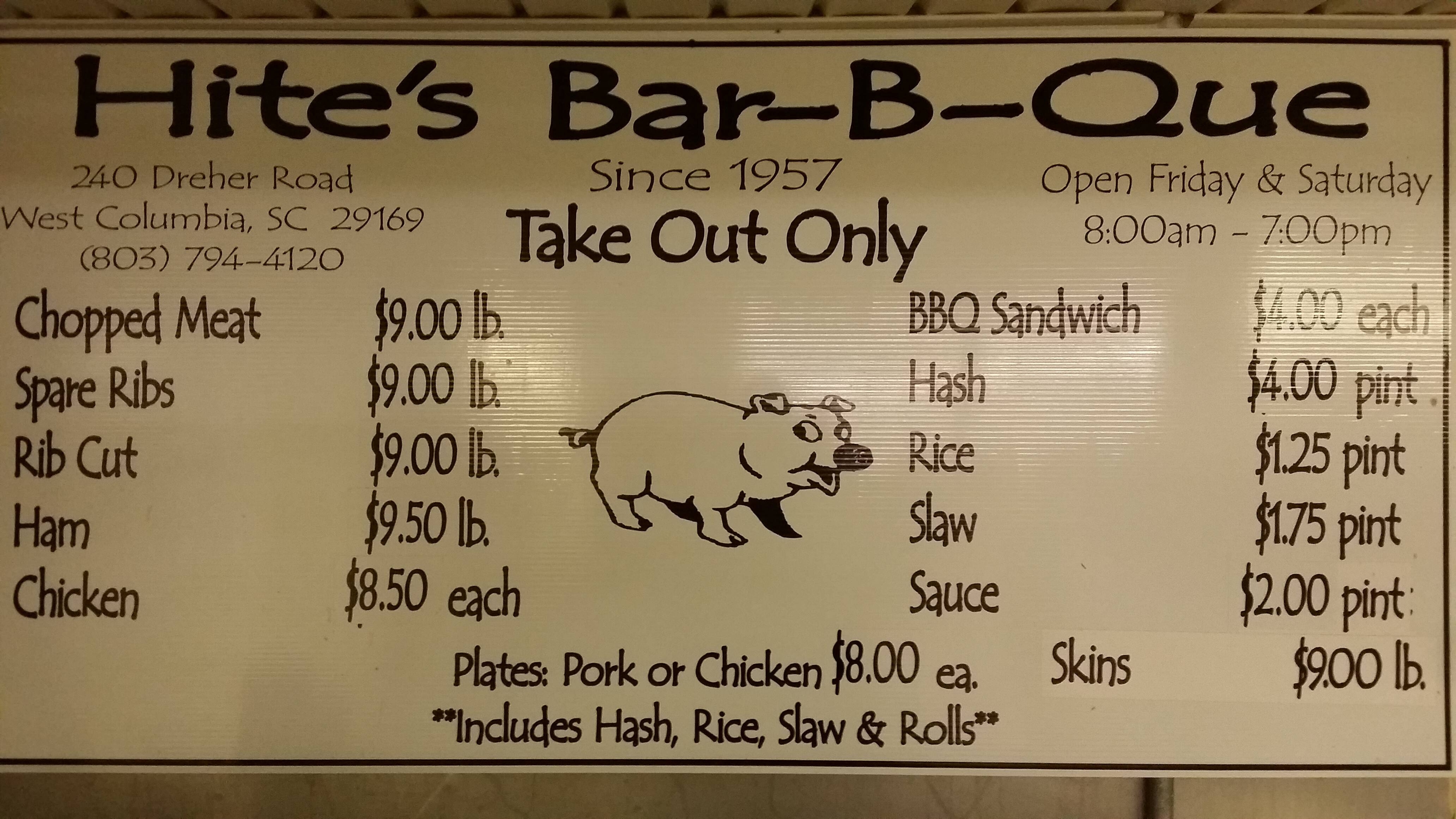 Hite's Bar B Que Menu, Menu for Hite's Bar B Que, West Columbia ...