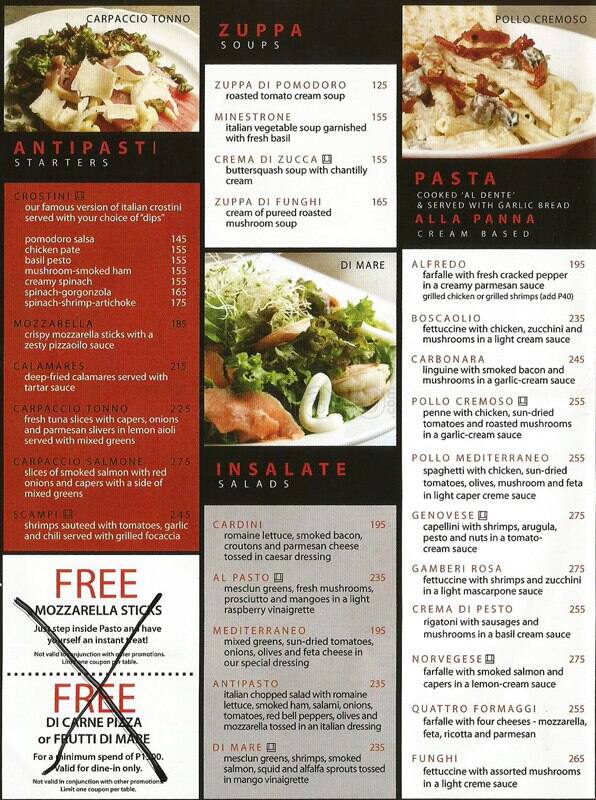 Menu at Pasto restaurant, Makati, 3/F