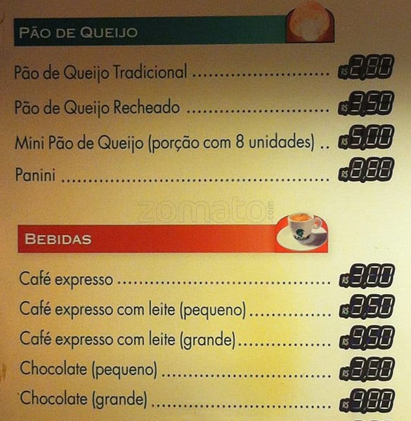 Casa do Pão de Queijo cardápio