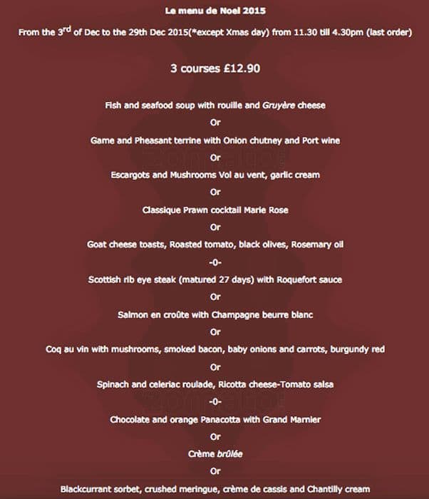 Menu at Chez Jules restaurant, Edinburgh, 109 Hanover St