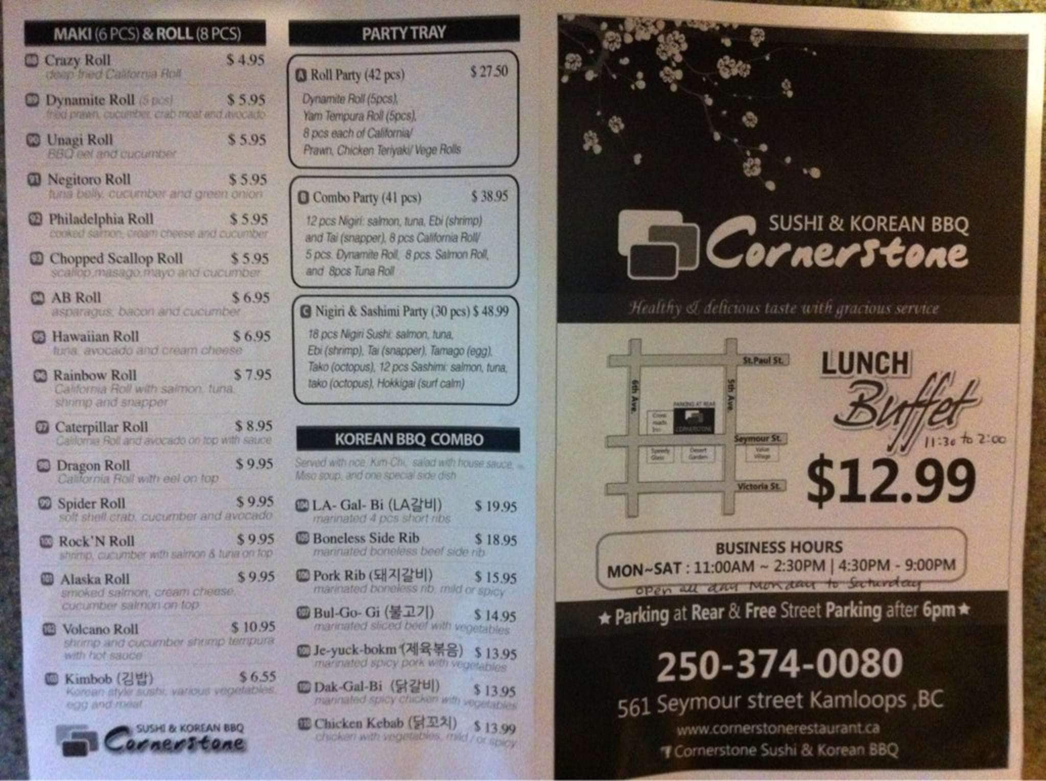 Menu au Cornerstone Sushi & Korean BBQ Restaurant, Kamloops