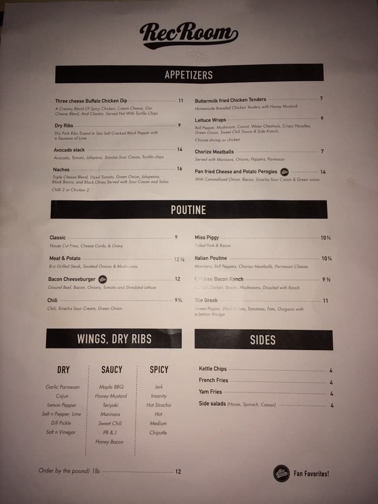 Rec Room Lounge Menu Menu For Rec Room Lounge Fort Garry