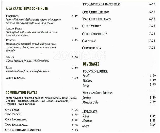 Menu at Burrito Express restaurant, Milpitas