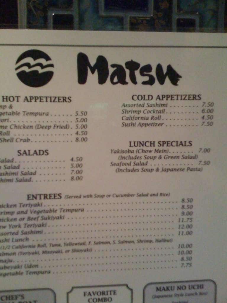 Matsu Menu, Menu v reštaurácii Matsu, Huntington Beach, Orange County