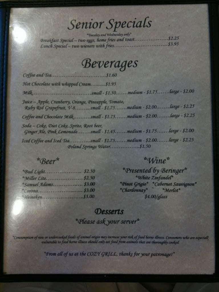 Menu at Cozy Grill restaurant, Warwick