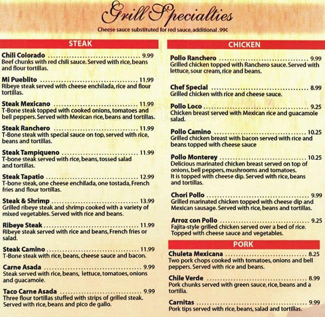 Menu at Mi Pueblito's restaurant, Versailles