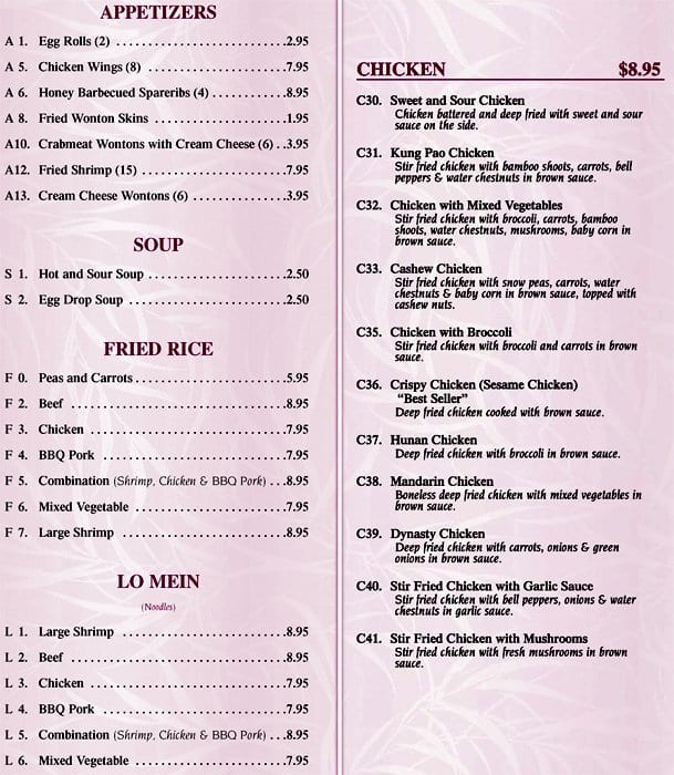 Dynasty Chinese Restaurant Menu - Urbanspoon/Zomato