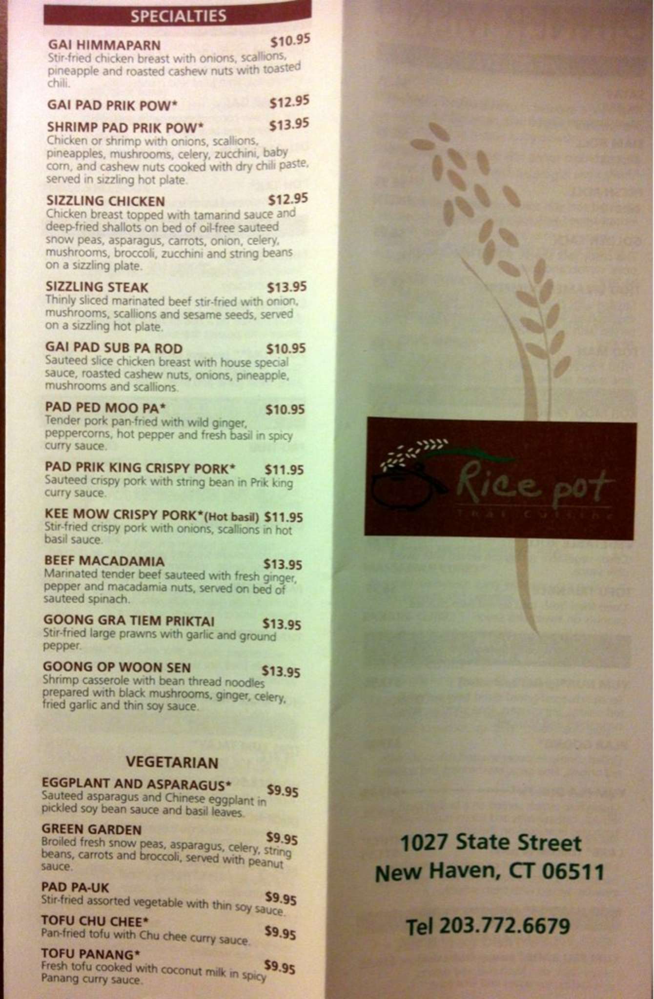 Menu at Rice Pot Thai Restaurant, New Haven