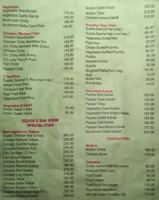 Menu of Sujata Family Restaurant, Fraser Road Area, Patna