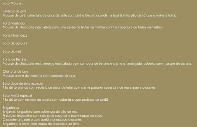 Confeitaria Dama cardápio