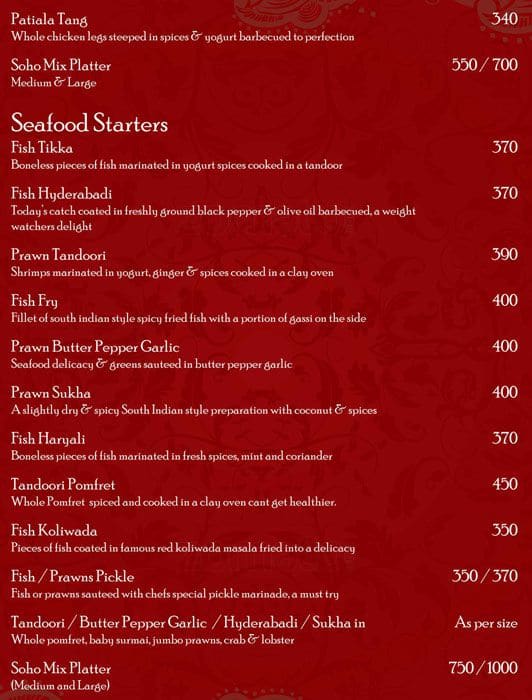 Soho menu