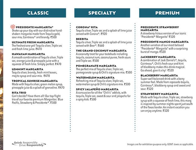 Menu of Chili's Grill & Bar, Elante Mall, Chandigarh Industrial Area