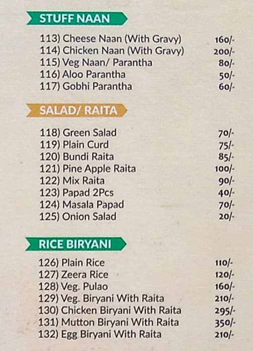Royal Dhaba menu