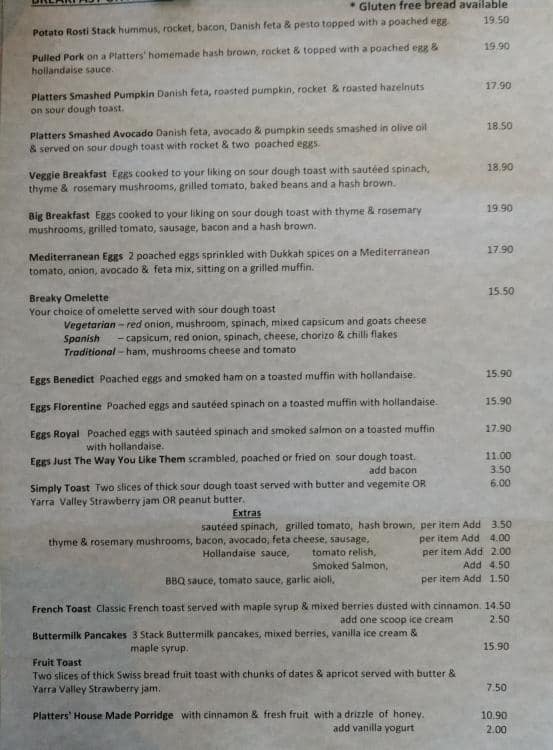 Platters Cafe & Bar Menu, Menu for Platters Cafe & Bar, Diamond Creek