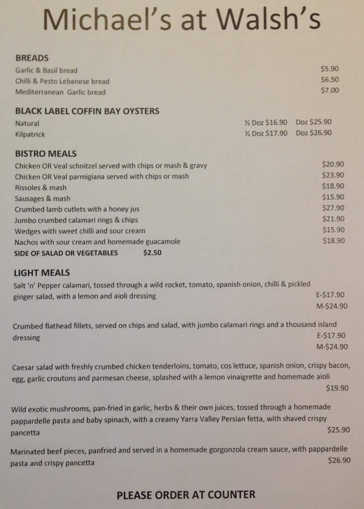 Menu at Walsh's Hotel pub & bar, Queanbeyan