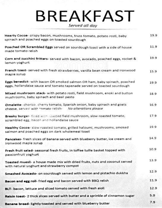 Cocoa Cafe Menu, Menu for Cocoa Cafe, Coffs Harbour, Coffs Harbour